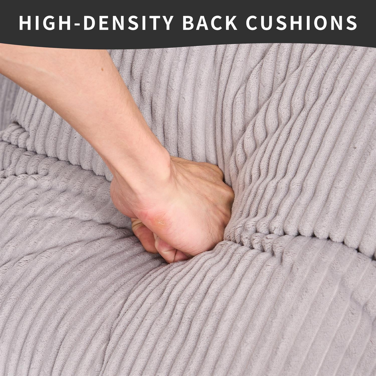 Demi Bonn 101" Corduroy Compression Sofa with Chaise Lounge, 3-Seater Couch with Full Sponge Cushion & 4 Pillows, Ideal for Living Room, Light Gray