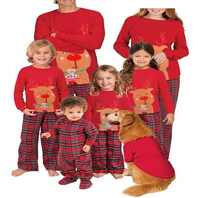 Pyjamas Assortis de Noël pour la Famille Ensembles Motif Renne Hauts à Manches Longues+pantalons à Carreaux Vêtements de Nuit Vêtements de Détente
