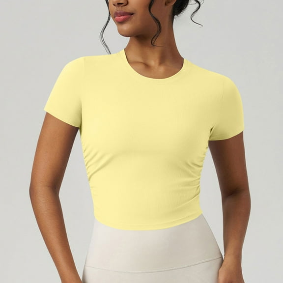 Odbmxy Basic Womens Tee Shirts Short Sleeve Summer Womens Top Layering Plain Yellow Leisure Slim Sports Tops