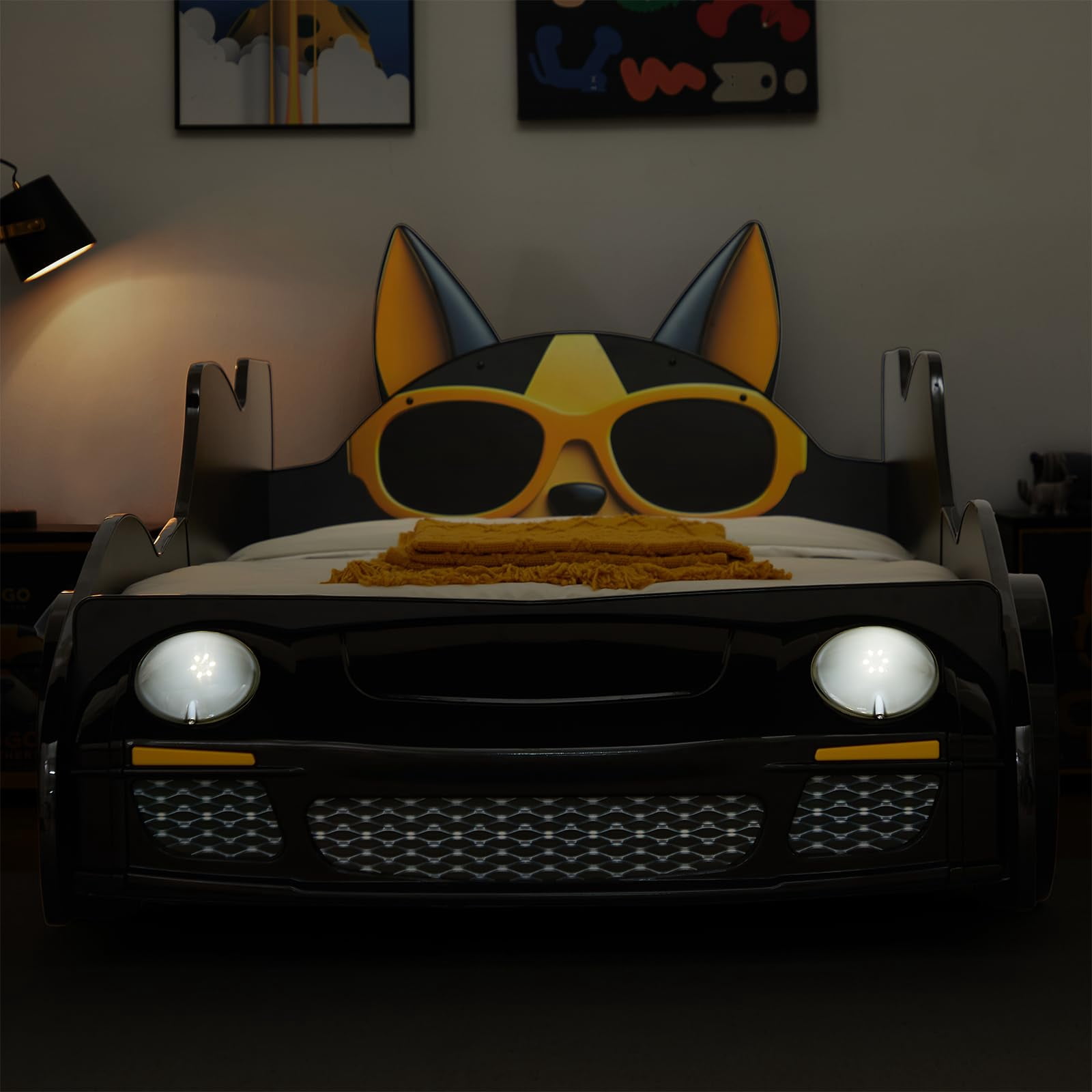 Twin Size Car Bed for Kids, Wooden Platform Bed with Cartoon Dog Headboard, LED Lights, and Built-in Slats for Toddlers & Boys