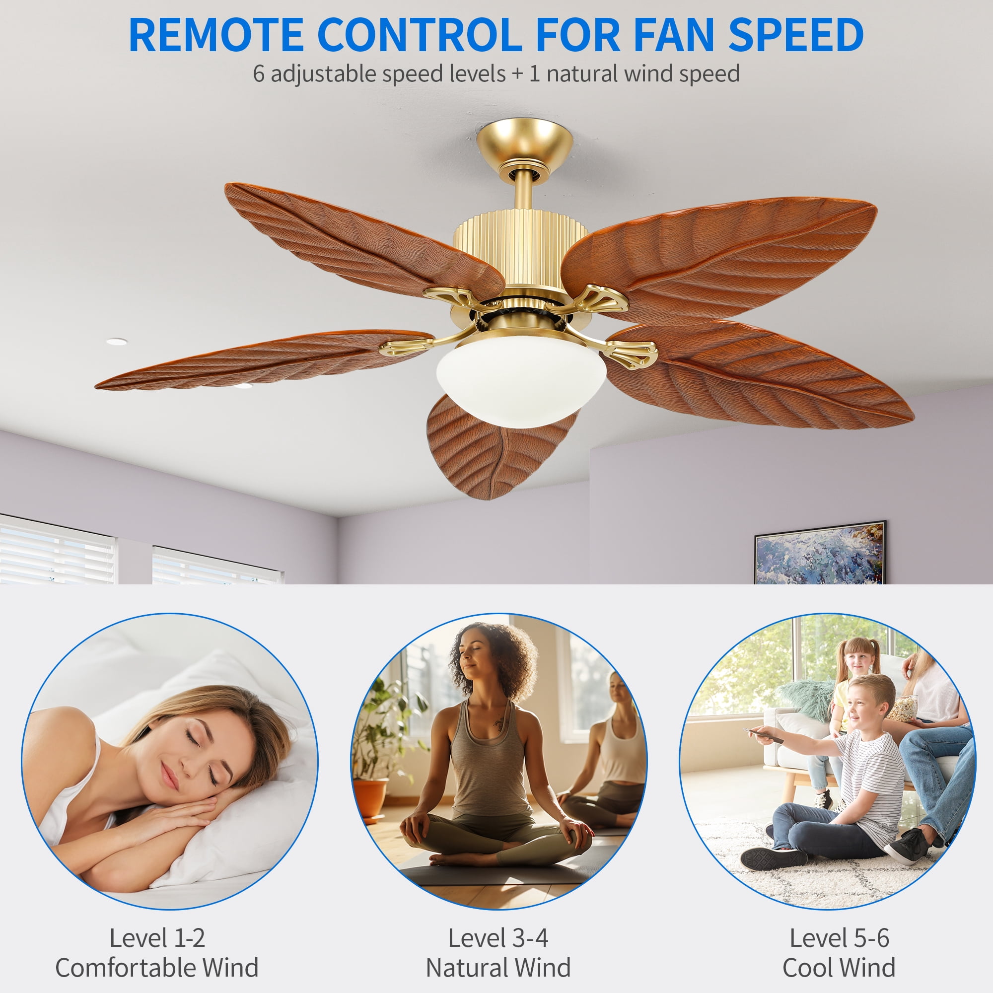 Uforic 52" Espresso 5-Blade Ceiling Fan with LED, remote control, 6-speed quiet DC motor, reversible, Gold