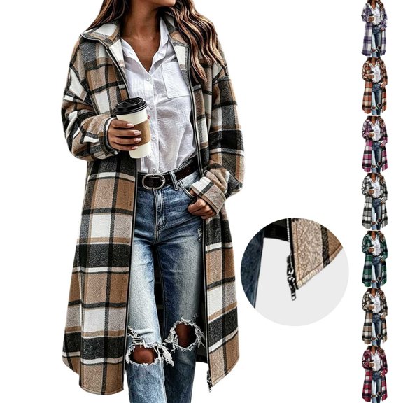 QINGFSAP Womens Long Sleeve Plaid Jacket Lapel Dual Zip Open Front with Pockets Casual Coat