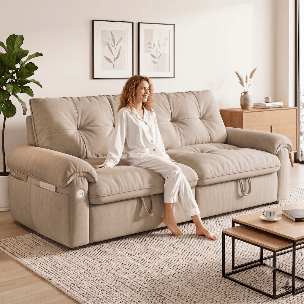 Xiweot Convertible Sleeper Sofa Bed, 77" Queen Size Pull Out Couch with Side Pocket, Adjustable Backrest & USB Ports, Comfy Velvet Loveseat for Living Room Apartment Small Space (Brown)