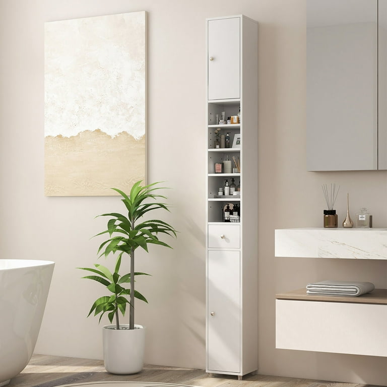 Gymax Tall Slim Bathroom Storage Cabinet Linen Tower w/ Drawer & Adjustable  Shelves 