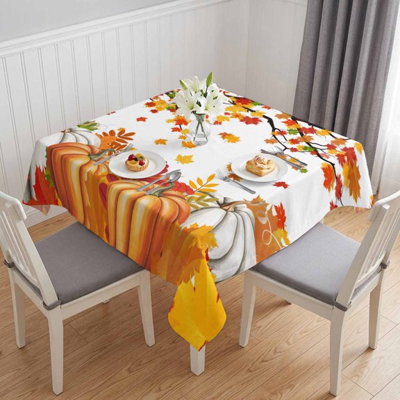 Orange Pumpkins Fall Table Cloth Waterproof Tablecloths, Maple Leaf Thanksgiving Botanical Tablecloth Dining Table Cover for Kitchen Party Tabletop Outdoor, Square Tablecloth 60x60 Inch