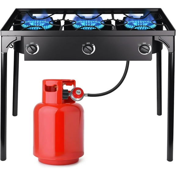 225,000-BTU High-Pressure Outdoor Propane Gas Stove, 3-Burner Camp Cooker with Detachable Legs for Camping, Patio, Tailgating & Backyard Cooking