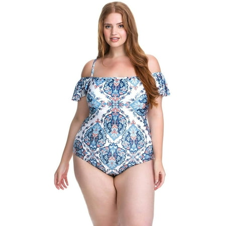 Becca Etc by Rebecca Virtue Women's Plus Size Ruffle X-Back One Piece Swimsuit Multi 2X, 91% Polyester, 9% Spandex By Brand Becca by Rebecca Virtue
