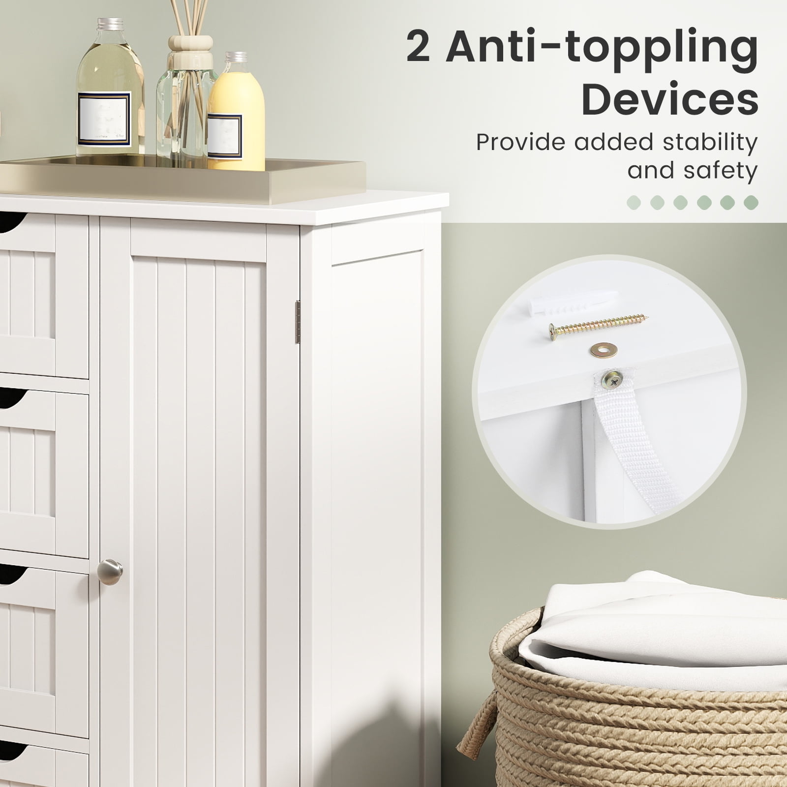 Gymax Bathroom Floor Storage Cabinet Wooden Freestanding Bathroom Storage Unit w/ 1 Door & 4 Drawers