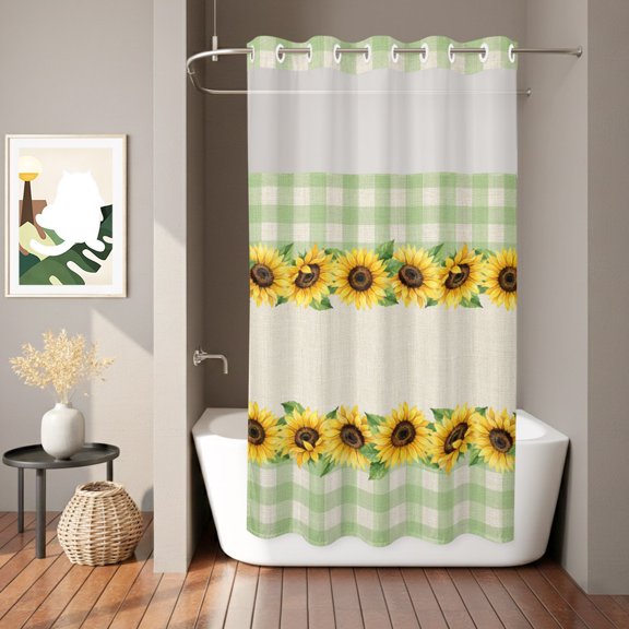 Sunflowers Shower Curtain, Retro Country Floral Linen Texture Green Plaid Waterproof No Hooks Bath Shower Curtain with See Through Top Window for Bathroom Bathtub 36x78in