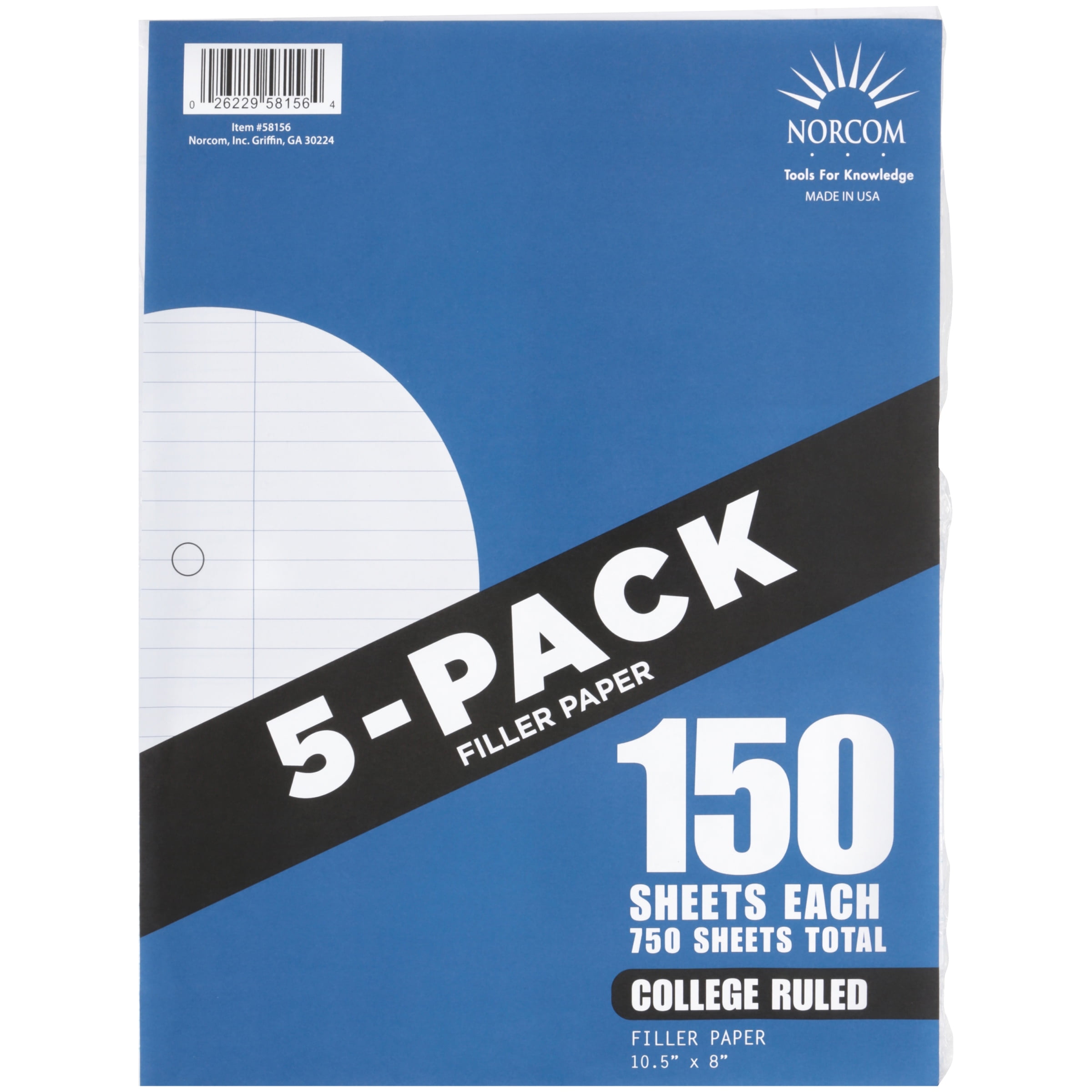 Norcom 5-Pack Filler Paper, 150 Sheets, College Ruled, 10.5" x 8"