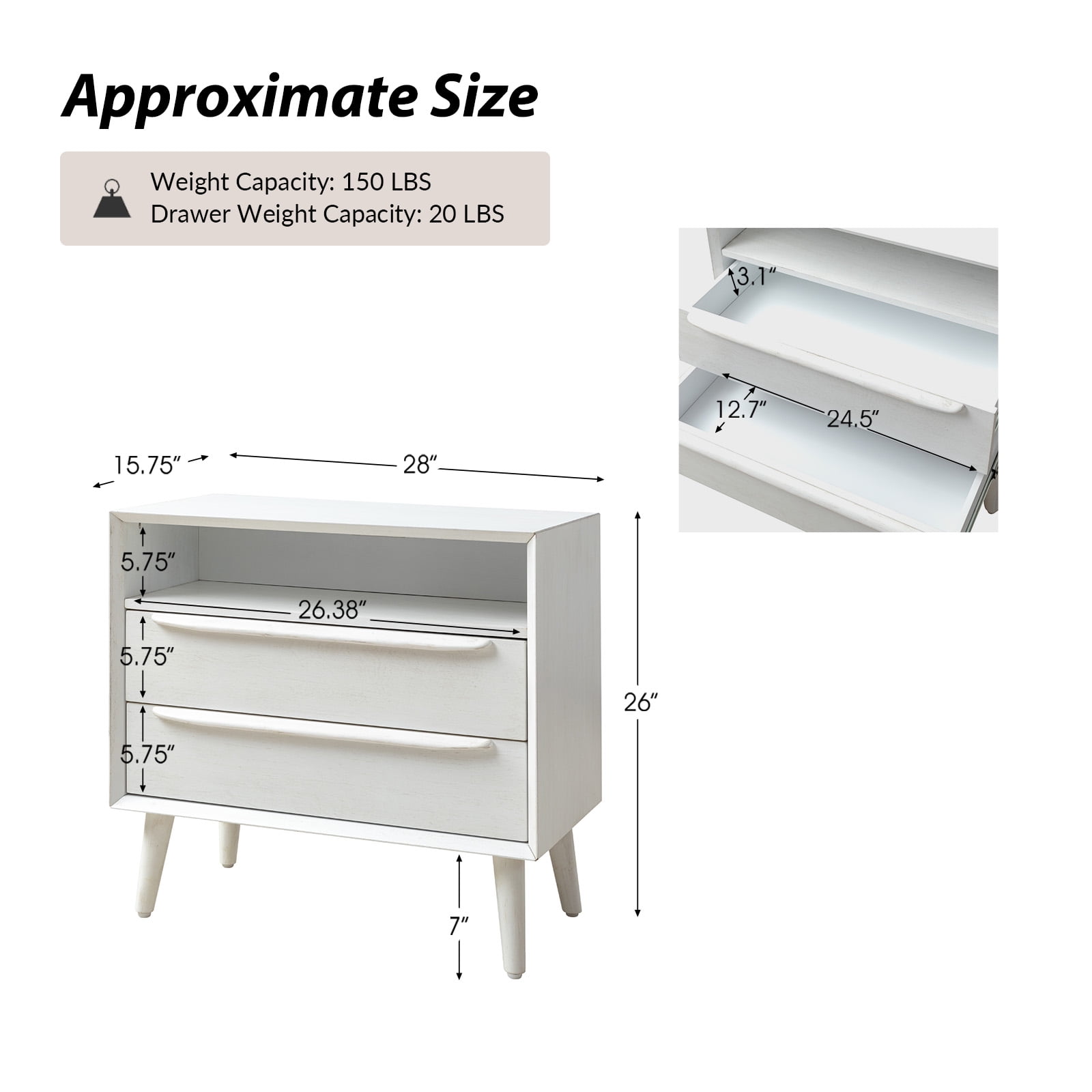 26" Tall 2-drawer End Table with Charging Station Table for Living Room White