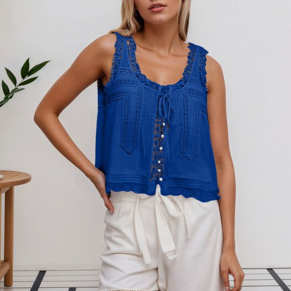 Summer Tanks for Women Lace Patchwork Slim Fit Cami Round Neck Button Detail Womens Cami BU1 L