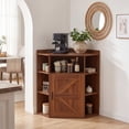 thumbnail image 3 of VECELO Corner Storage Cabinet with Charging Station, 34" H Corner Shelf with Barn Door & Adjustable Shelves, Space Saving Bookshelf for Bedroom, Living Room, Brown, 3 of 11