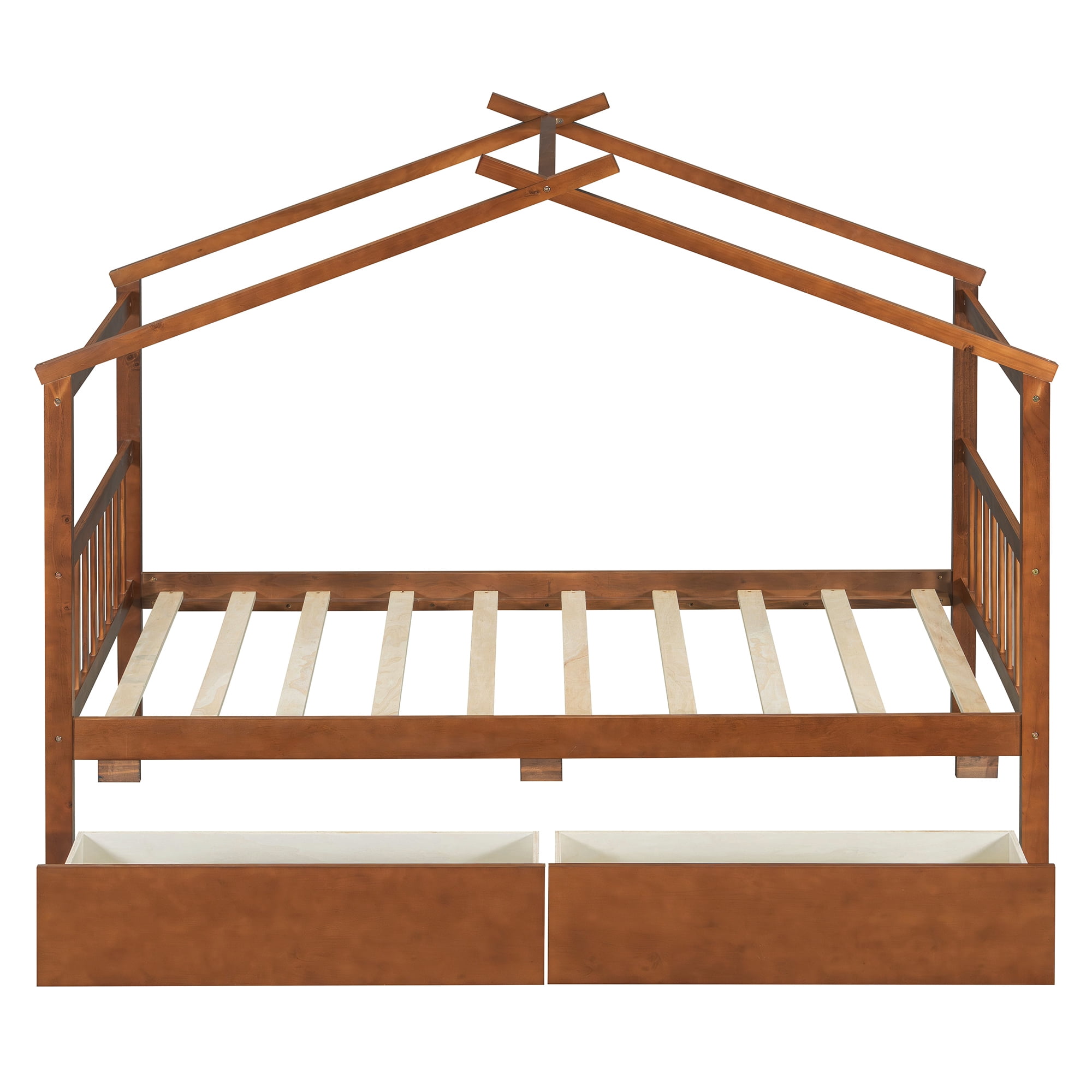 Aukfa Twin Size House Bed with Two Storage Drawers for Kids, Solid Wood Montessori Bed Frame, Walnut