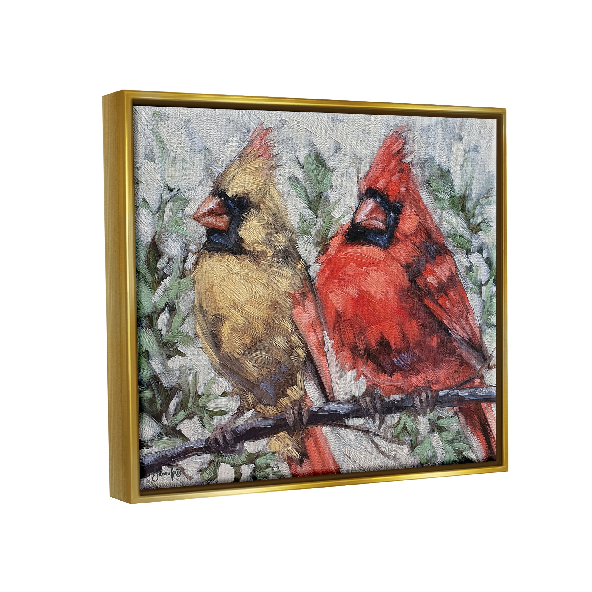 Stupell Two Cardinals Perched Winter Trees Animals & Insects Painting Gold Floater Framed Art Print Wall Art