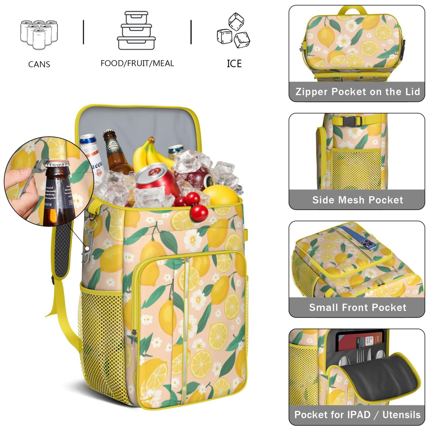 Travel Cooler Bag - Lemon Camping Beer Cooler Backpack with Bottle Opener- Waterproof Insulated Picnic Backpacks - Cooler Bag for Beach