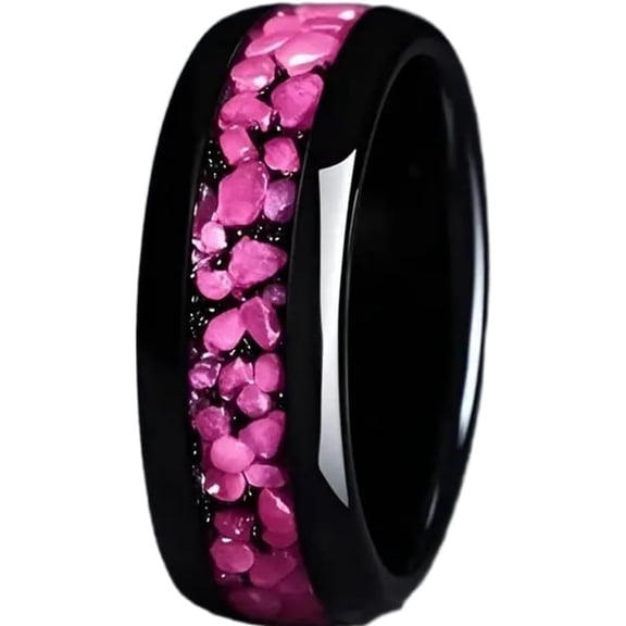 8mm Stainless Steel Black Pink Shining Flower Style Wedding Band Ring