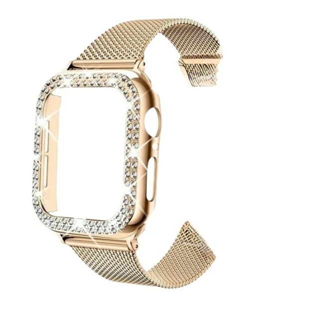 Correa con Hebilla de Acero Inoxidable y Case con Diamantes para Apple Watch, Compatible con Todas las Series