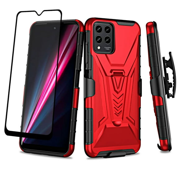 Compatible for TMobile Revvl 6 Pro 5G Case with Holster Belt Clip Hybrid Shockproof Protective Phone Cover with Kickstand - Red