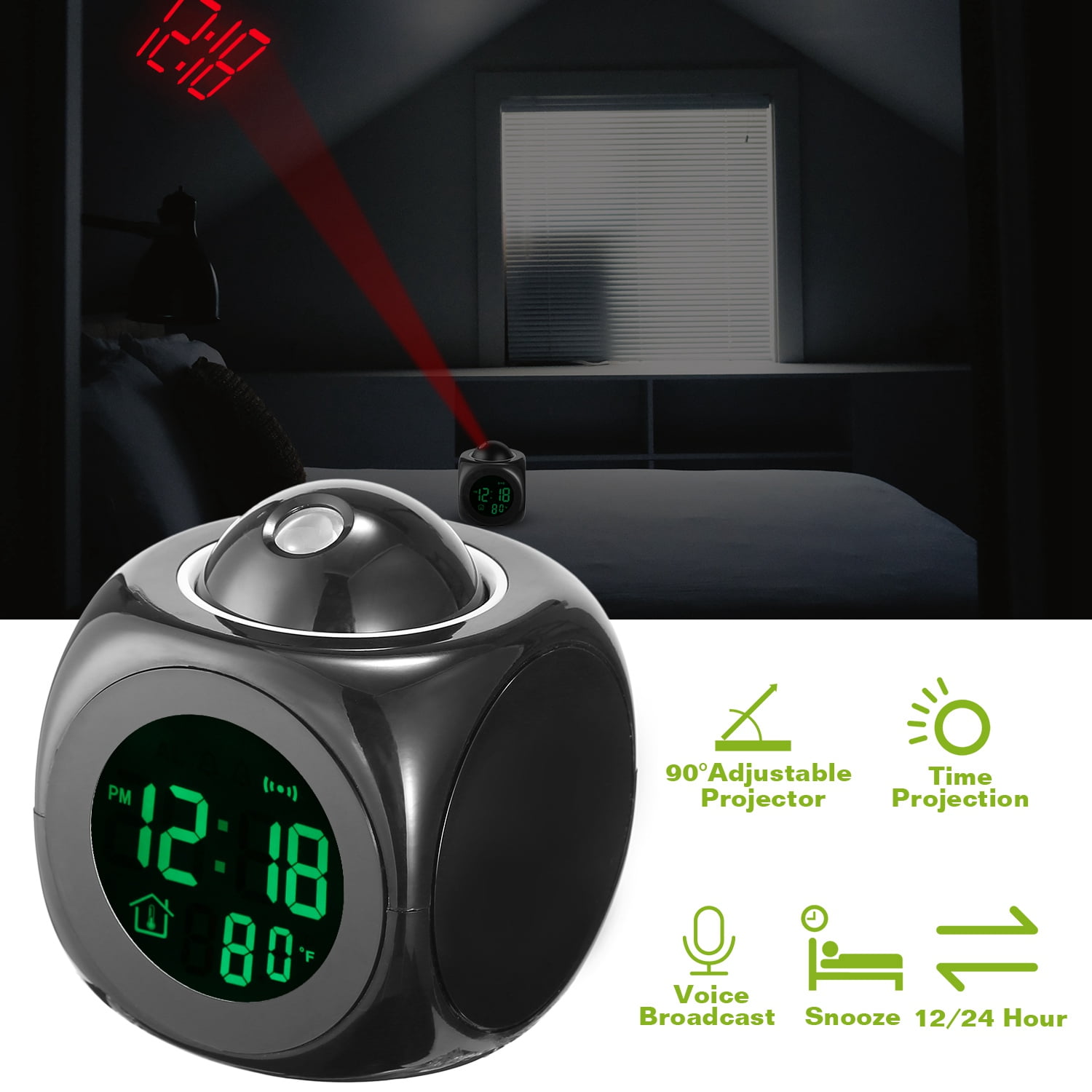 LCD Digital Alarm Clock Time Date Temperature FM Radio Projector Black 