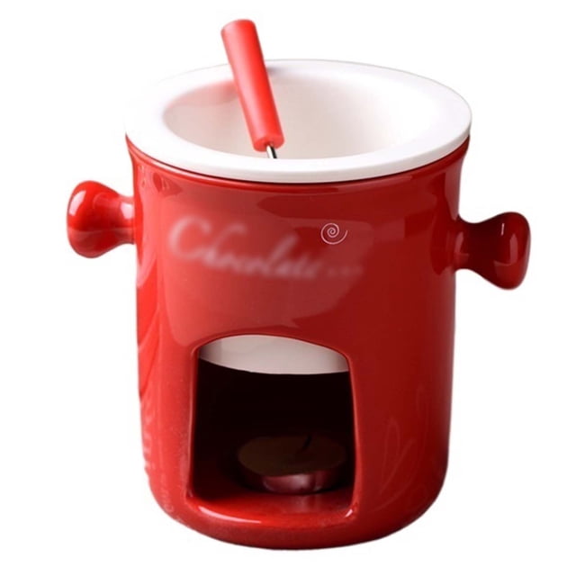 Ceramic Fondue Pot Set for Chocolate & Cheese, Tealight Powered Melting Warmer with 1 Fork for Parties