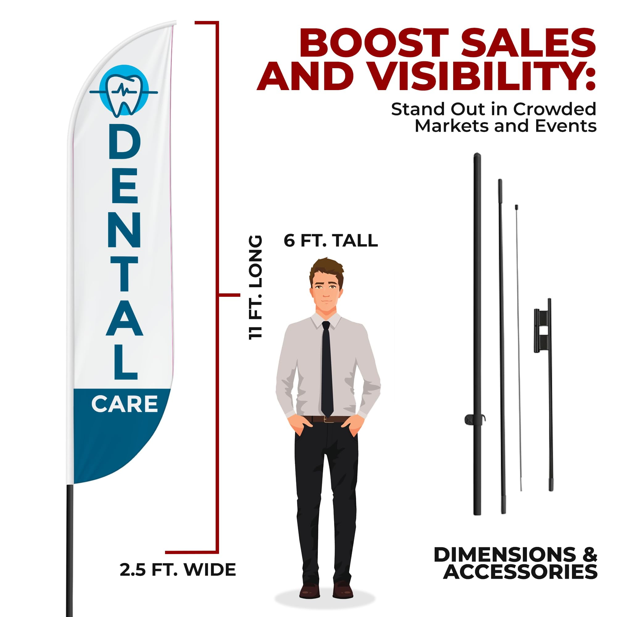 Dental Care Sign feather flag Pole kit for Outdoor by Mavis | 15 FEET Tall Polyester Banner Flag Pole Mount with Cover | HD Print Swooper Flags to Promote Medicine | Made in USA