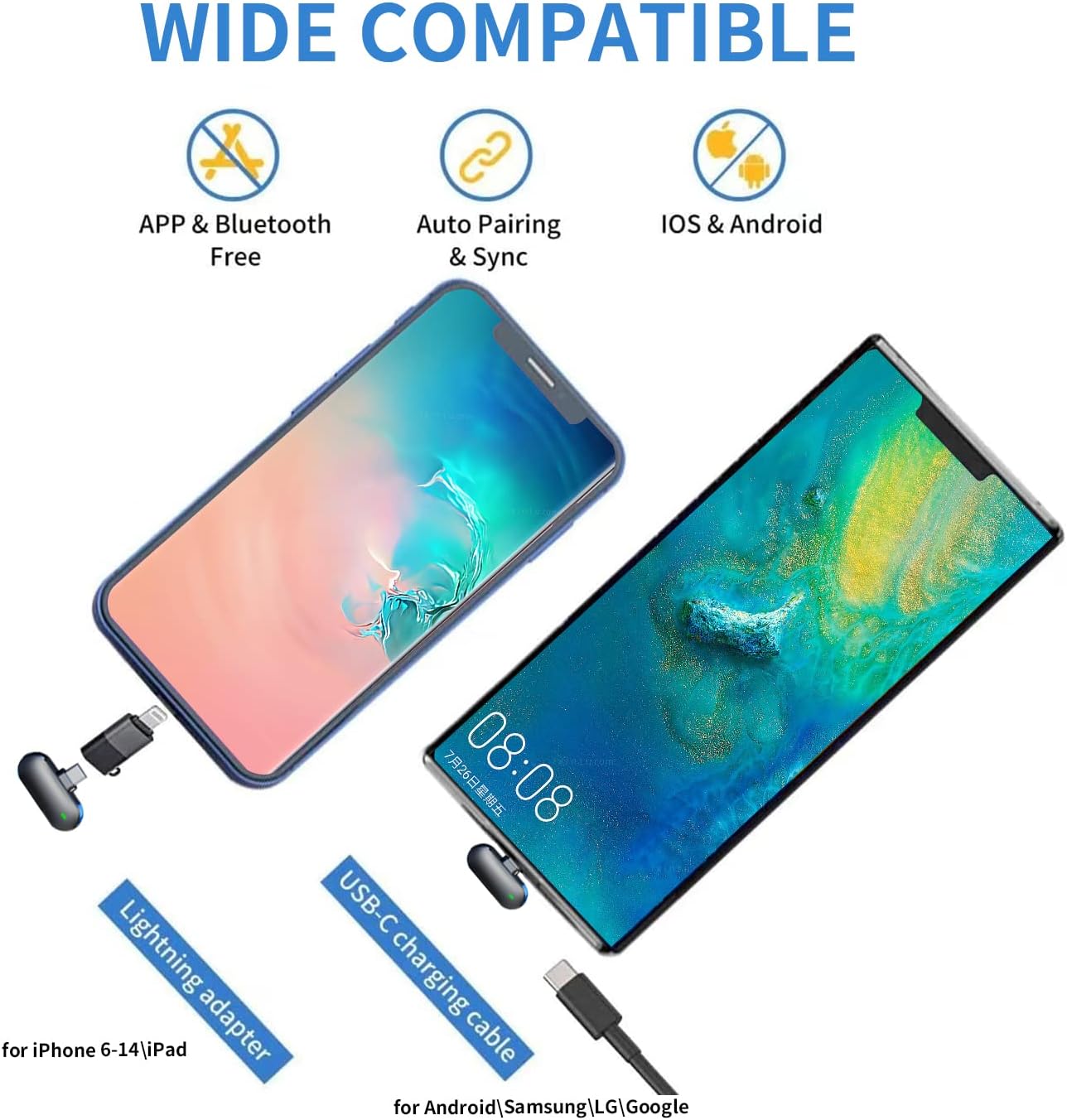 2 Microphones Professional Wireless Lavalier Microphone for Android iPhone iPad with Adapter Noise Cancelling 2.4G Dual Channel Lavalier Microphone with Charging Case for Video Recording, Interview