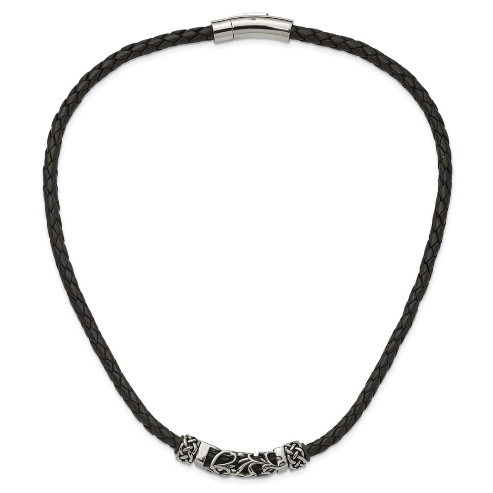 Stainless Steel Cord & Leather Necklace Chain Chisel Black with Antiqued Beads 19.75 inch 10 mm