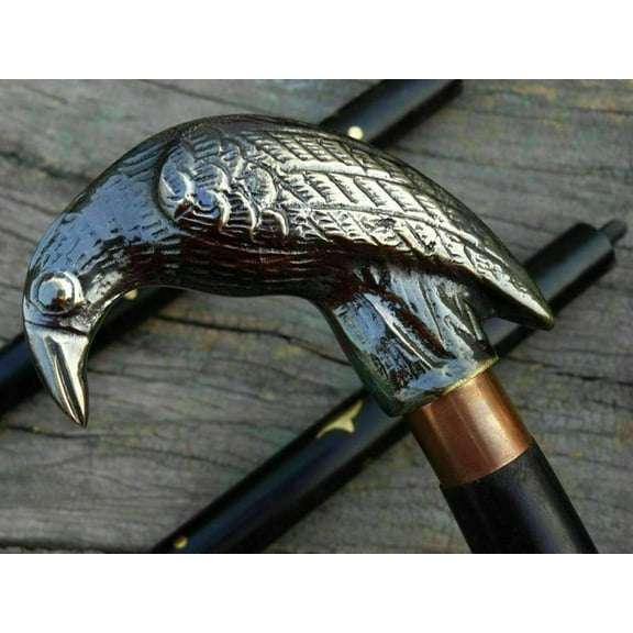 Rosewood Crafted Handmade Walking Stick Cane Parrot Head | Brass Decorative Bars Inlay | Solid Wood Shaft