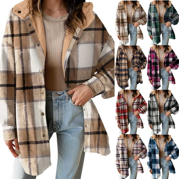 Womens Plaid Shacket Jacket Long Sleeve Button Down Fleece Hooded Jackets Lightweight Fall Winter Warm Coat Outerwear