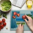 thumbnail image 3 of Palm Tree Cutting Board, Blue Curtains White Walls Sunny Day Shore Palm Tree Island View Horizon Rest, Decorative Tempered Glass Cutting and Serving Board, Large Size, Blue Green, by Ambesonne, 3 of 5