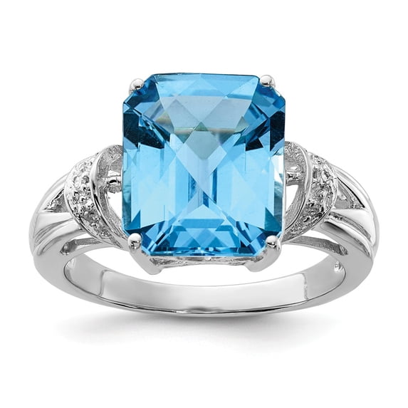 FB Jewels Sterling Silver Rhodium Octagonal Checker-Cut Blue Topaz & Diam. Ring
