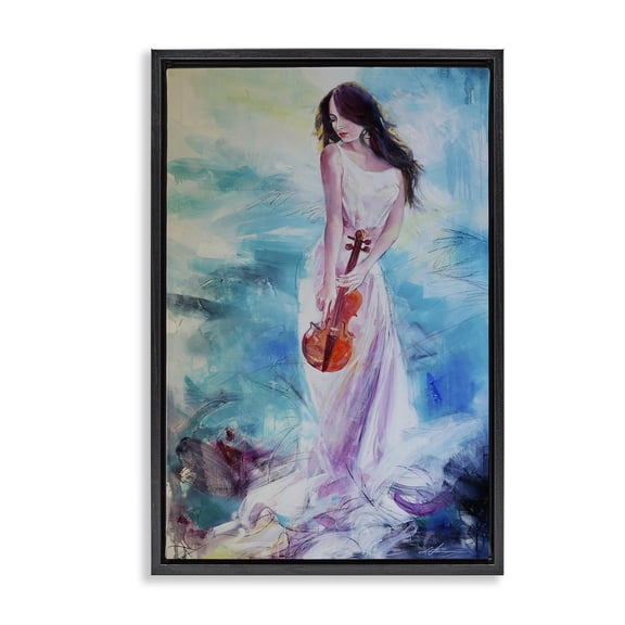 Stupell Industries Elegant Woman with Violin Music Painting Black Floater Framed Canvas Art Print Wall Art, 17 x 25