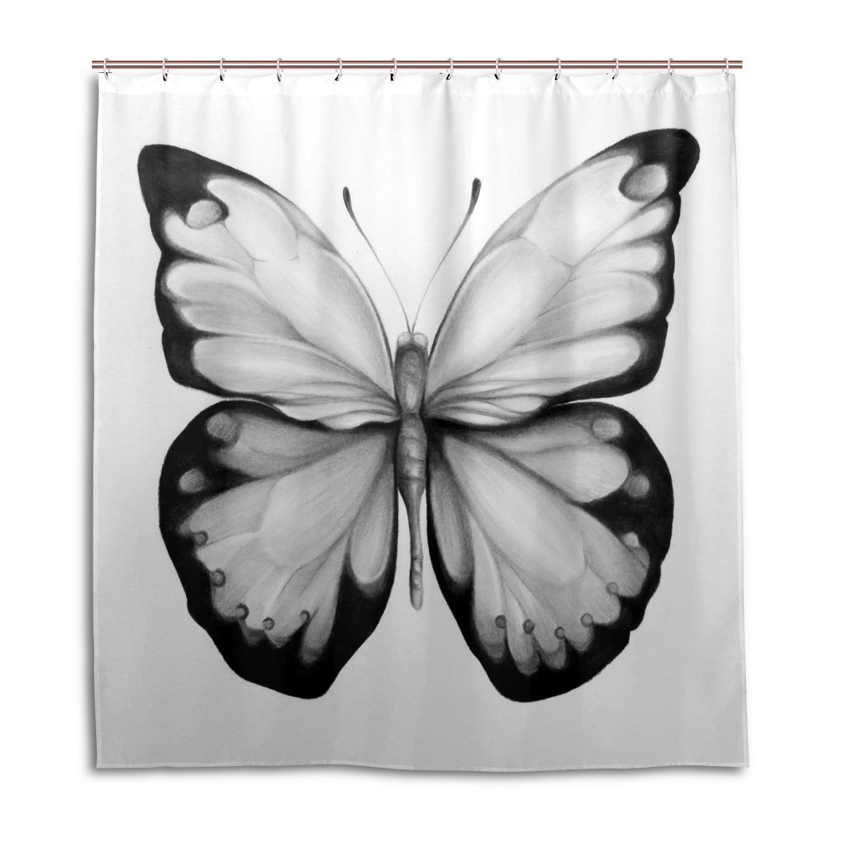 POPCreation Black And White Butterfly Shower Curtain Waterproof