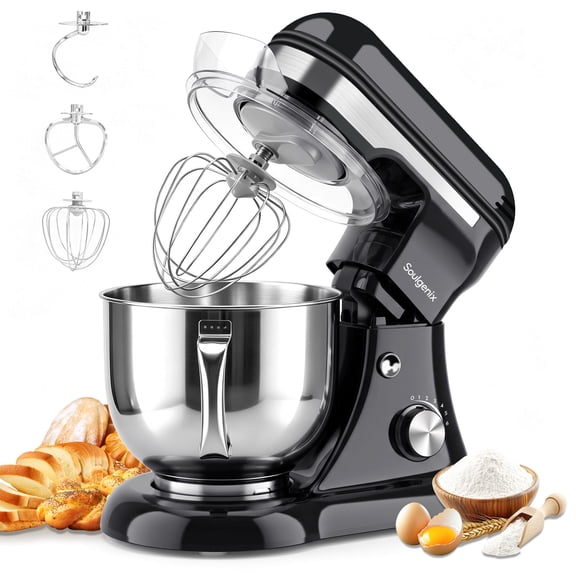 Soulgenix 6.5QT Stand Mixer, 3-IN-1 Tilt-Head 12-Speed Food Mixer with Stainless Steel Bowl, Electric Kitchen Mixer with Dough Hook, Beater, Whisk for Most Home Cooks, Black