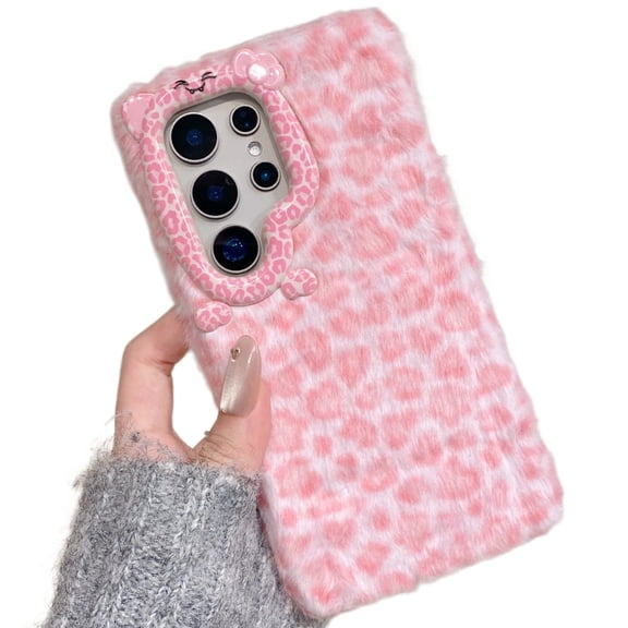 for Samsung Galaxy S26Ultra Furry Plush Phone Case Handmade Leopard Print Candy Color Camouflage Back Cover for Women Girls, Cute Raised Camera Bump Protection Frame