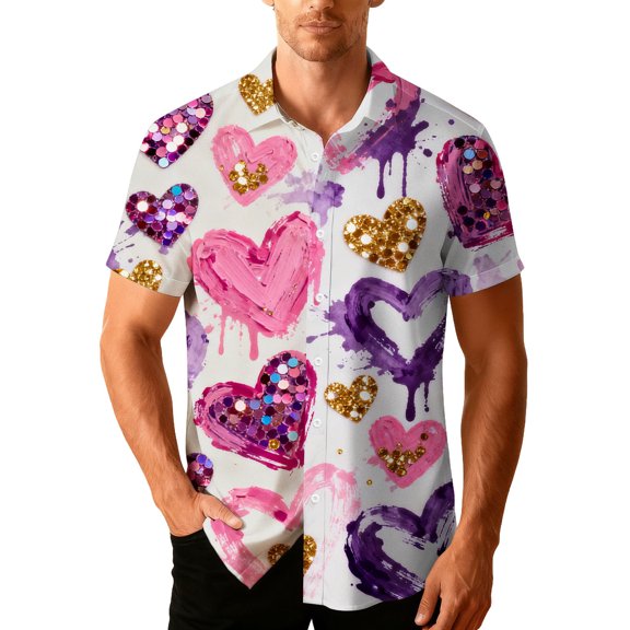 Stamzod Mens Vacation Shirts Summer Beach Short Sleeve Button Up Shirt Lover Heart Hawaiian Shirts for Men White B XXL