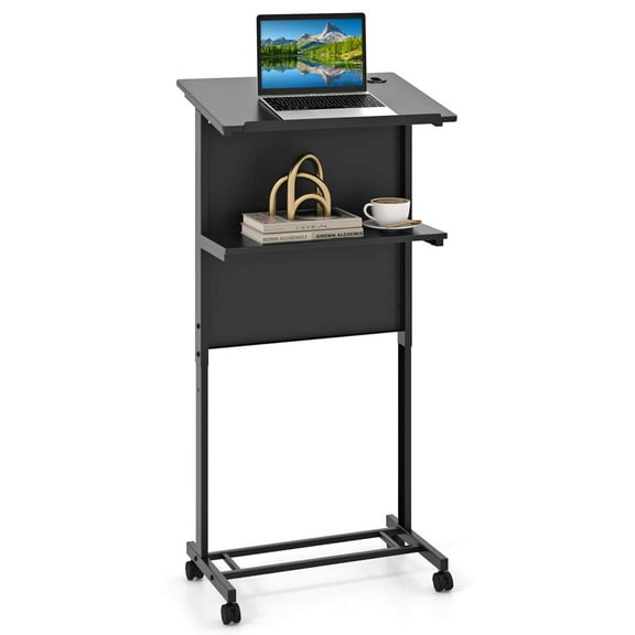 Costway 1 PCS Mobile Lectern Podium Height Adjustable Rolling Laptop Cart Sturdy Metal Frame
