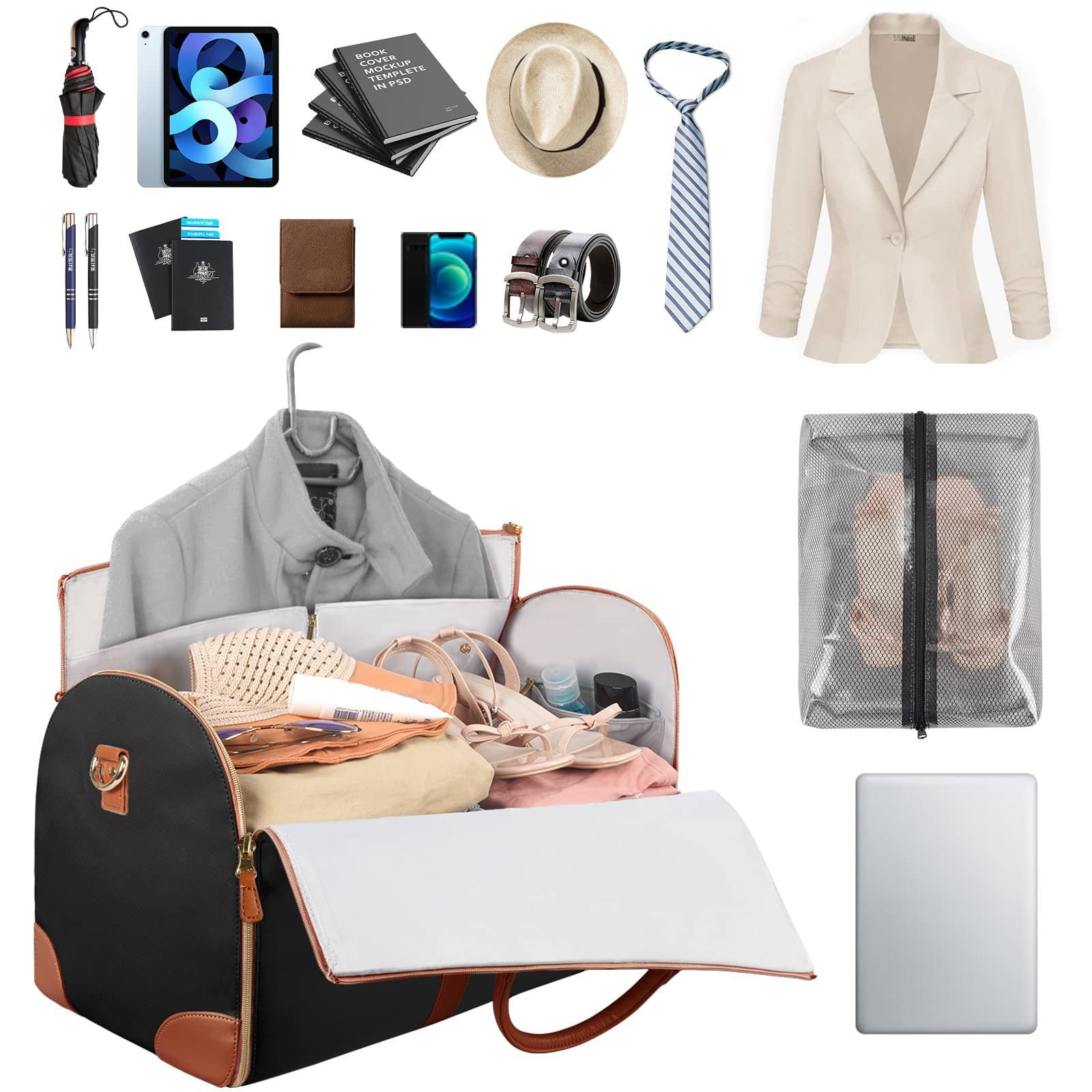 Large Portable Folding Women's Garment Bag for Travel, Carry On Garment Bag,3 in 1 Hanging Suitcase Suit Weekender Travel Bag