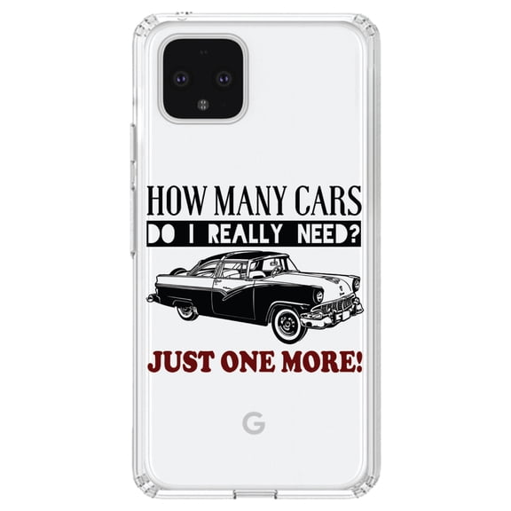 DistinctInk Clear Shockproof Hybrid Case for Google Pixel 4 (6.1" Screen) - TPU Bumper Acrylic Back Tempered Glass Screen Protector - How Many Cars Do I Need? Just One More