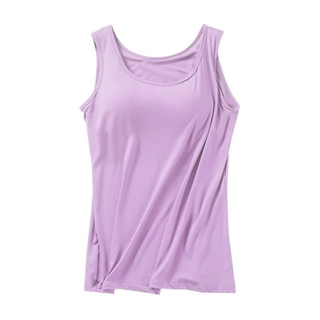 Pxiakgy Hot Sale!! Womens Modal Padded Built-In-Bra Tanks Tops Crew Neck Wireless Bra Camisole Casual Slim-Fit Shirts Tee Plus Size Purple M