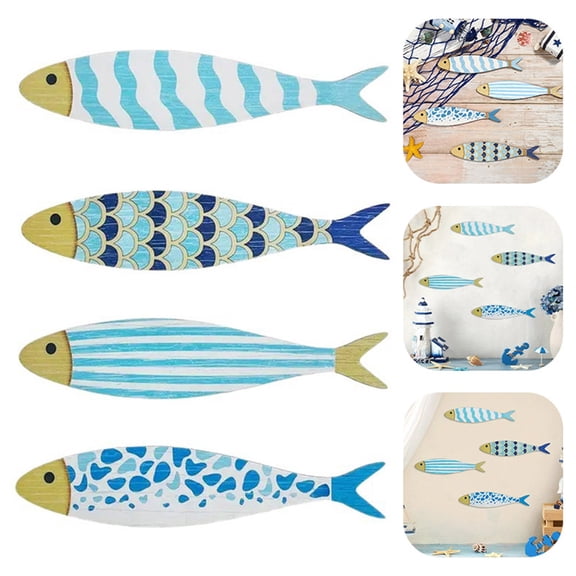 Dserhfy 4 Pcs Wooden Fish Wall Decor Nautical Coastal Wall Art Blue Fish Wall Sculpture Lake House Hanging Decor for Bathroom Bedroom