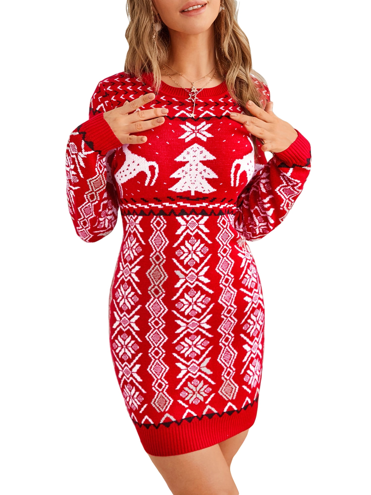 CenturyX Christmas Sweater Dress for Women Ugly Snowflake Elk Pattern ...