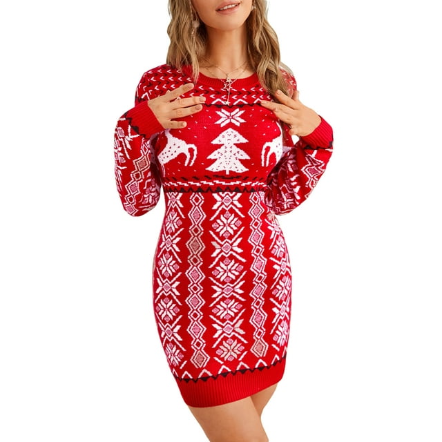 CenturyX Christmas Sweater Dress for Women Ugly Snowflake Elk Pattern Knitted Pullovers Mini