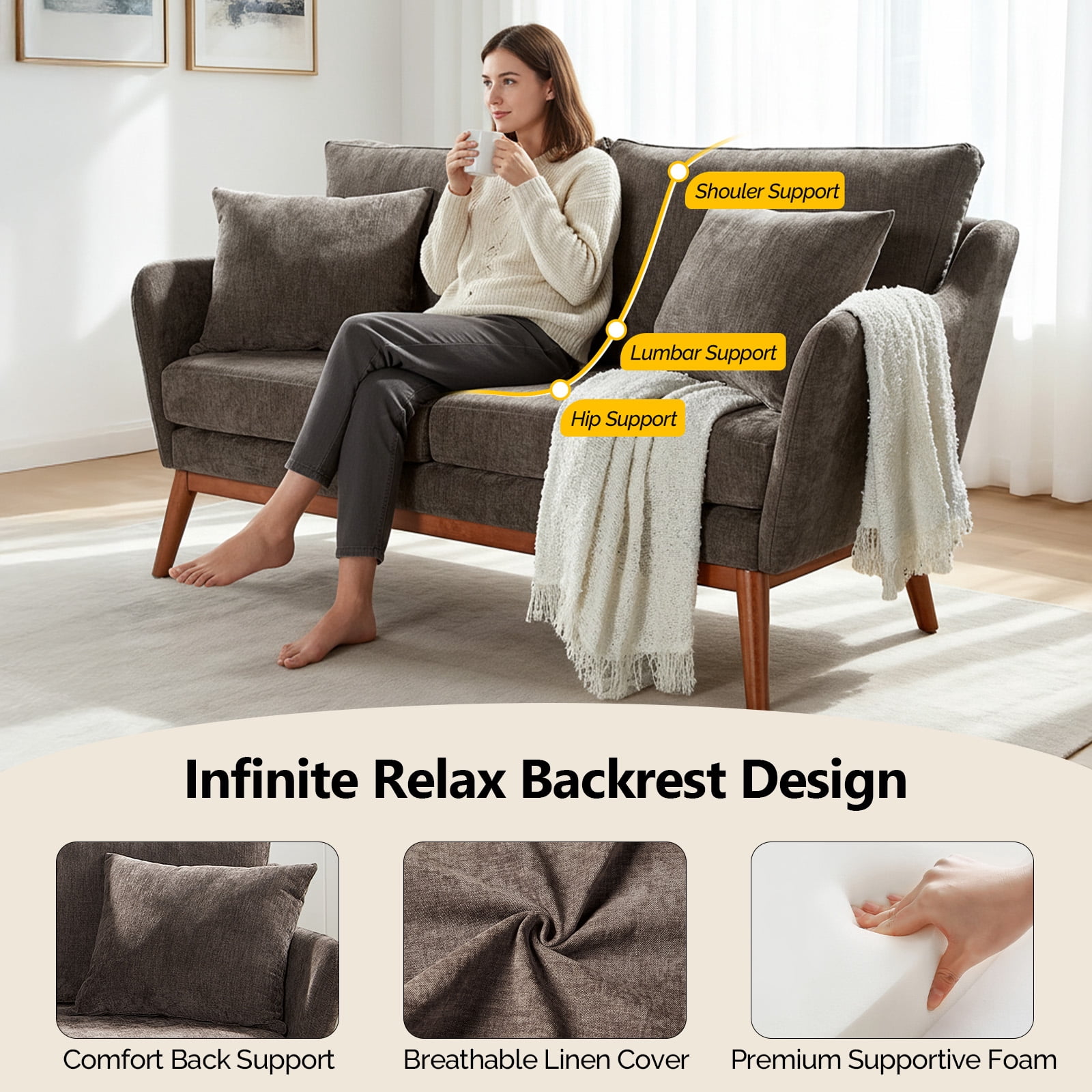 Ktaxon Mid-Century Modern Loveseat, Linen Blend 2-Seater Sofa, Solid Wood Frame Couch for Living Room, Apartment Brown