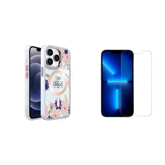 Bemz Hybrid Protective Cover with MagSafe Designed for iPhone 13 Pro Max Case (Good Day | Cute Wild Flowers) with (2-Pack) Tempered Glass Screen Protectors