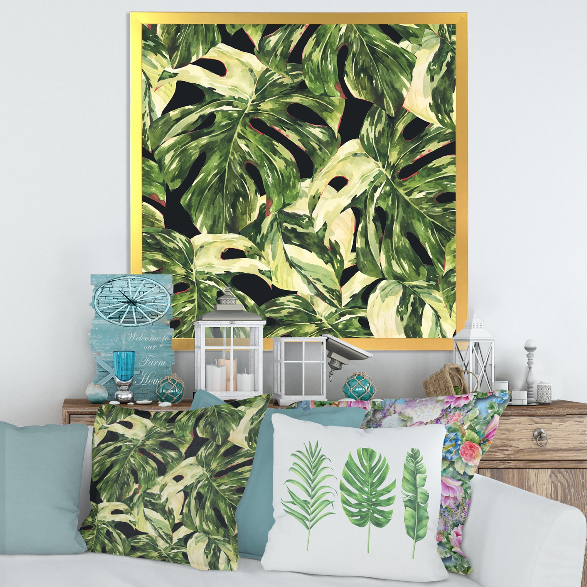 Designart 'Natural Green Leaves Exotic On Dark II' Tropical Framed Art Print