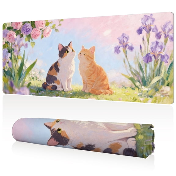LIVEKEY Extra Large Mouse Pad 80x40cm Full Desk Coverage with Two Cats and Flowers Durable Easy Clean Non Slip Stitched Edge for Gaming Office