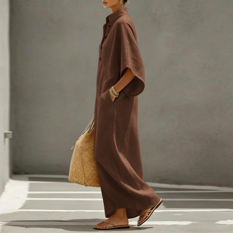 fall cotton dresses Guieoi Womens Dresses Fall Plus Size Loose Casual Cotton-Linen 3/4-Sleeve V-Neck Dress Flowy Maxi Dresseses Brown M, Women's, Size: Medium