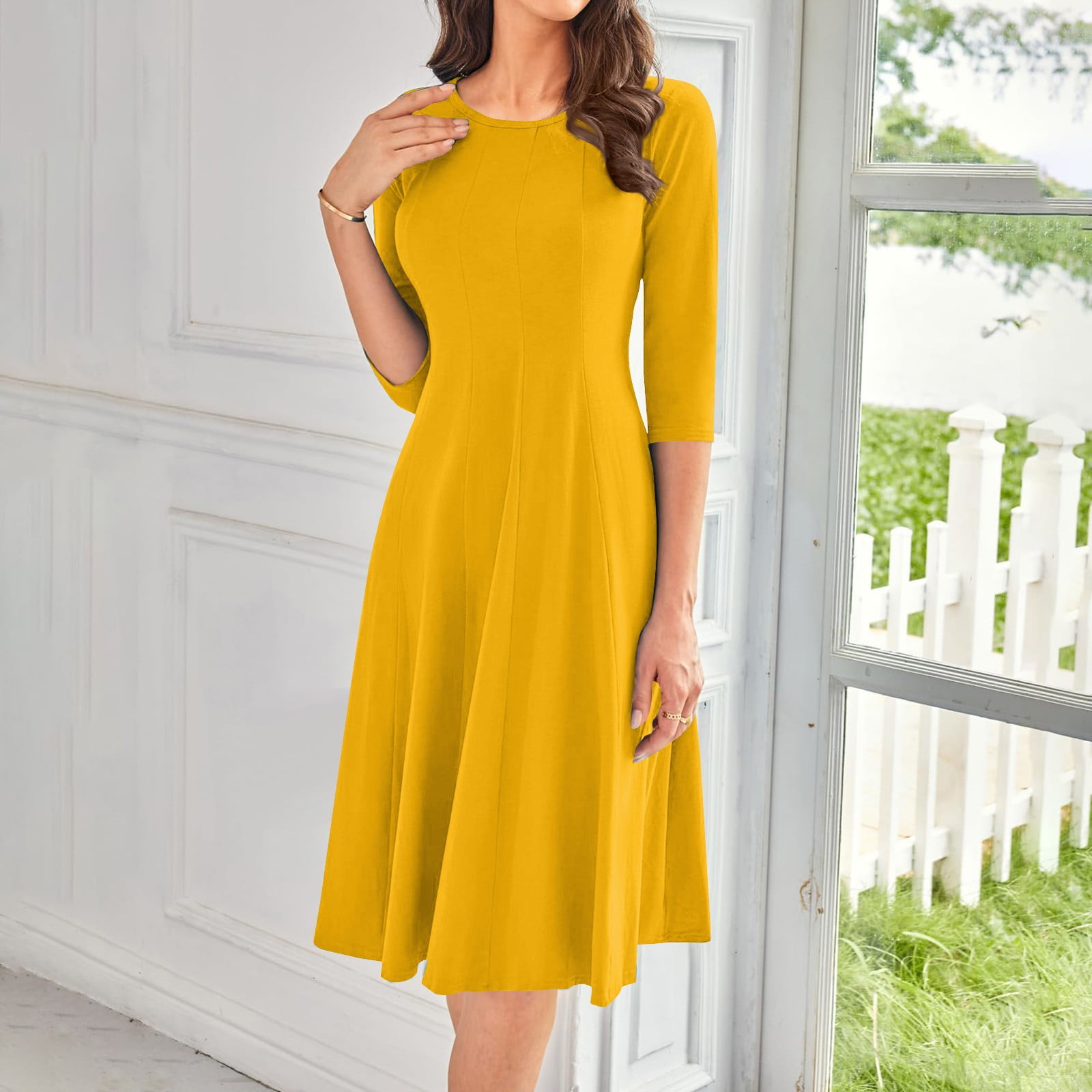 Huankd Elegant Work Dress for Women's 3/4 Sleeve Round Neck Pockets Vintage A-Line Swing Midi Dress Fluorescence Yellow 3XL Huankd Elegant Work Dress for Women's 3/4 Sleeve Round Neck Pockets Vintage  A-Line Swing Midi Dress Fluorescence Yellow 3XL - Walmart.com